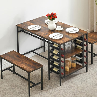 Eettafelset – Tafel Met Banken – Compacte Eetkamer Set – Keukentafel – Wijnrek – Hardhouten Rustiek Design – Ruimtebesparend Met Opbergruimte – Geschikt Voor 4 Personen