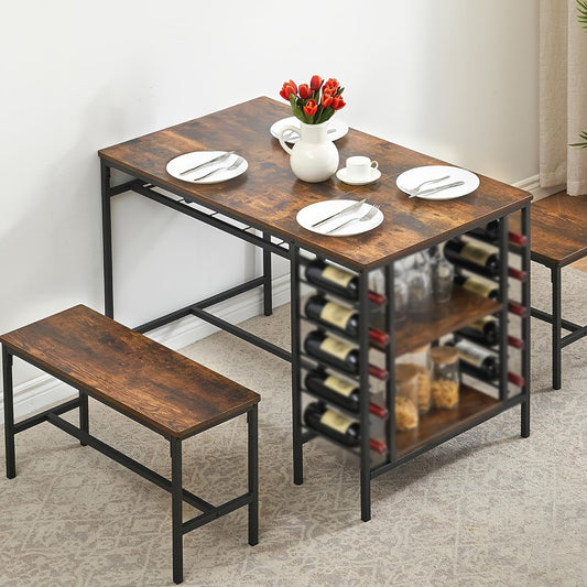 Eettafelset – Tafel Met Banken – Compacte Eetkamer Set – Keukentafel – Wijnrek – Hardhouten Rustiek Design – Ruimtebesparend Met Opbergruimte – Geschikt Voor 4 Personen