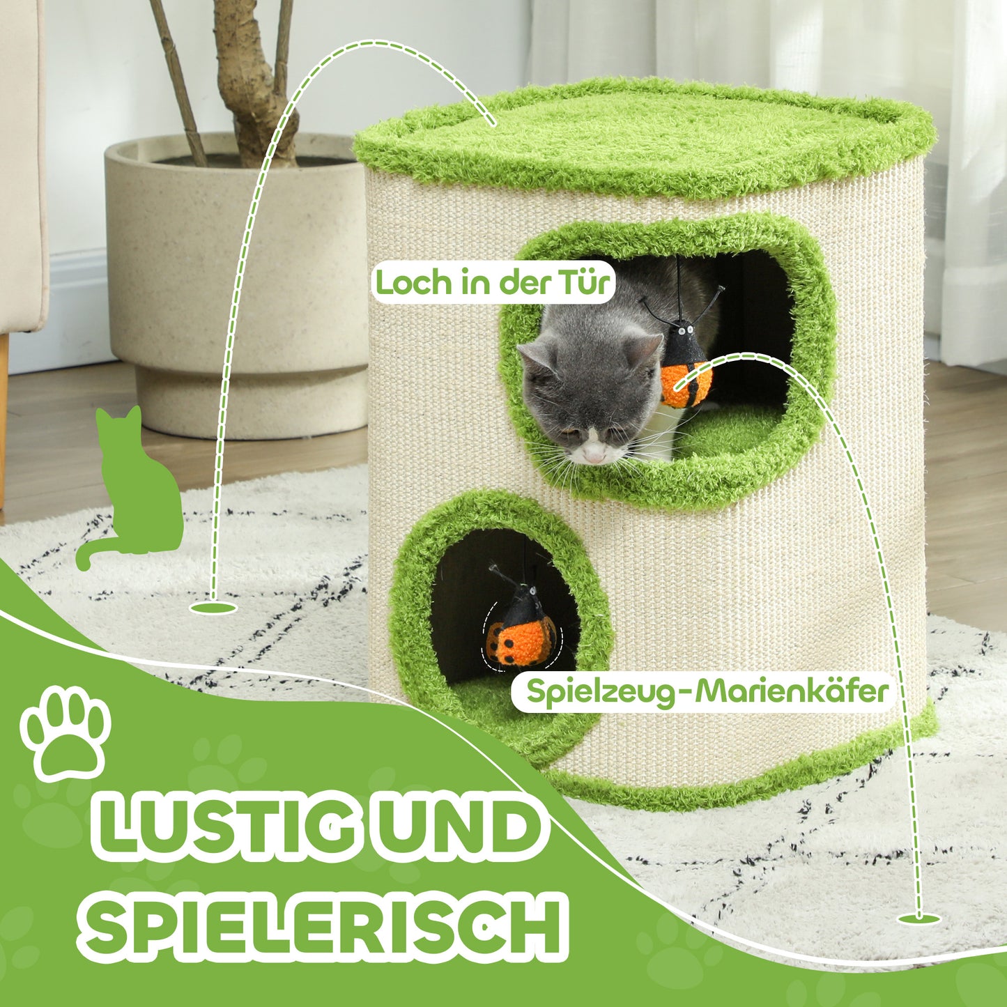 Krabpaal – Krabmeubel – Kattenboom – Kattenkrabpaal – Kattenhol – 52 cm – Fluwelen Kattenhol – Duurzaam Kraboppervlak – Speeltje – Groen/Crème