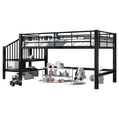 Elevated Storage Stair Bed, Black | Metal Contemporary Style, Assembled, No Electricity Required