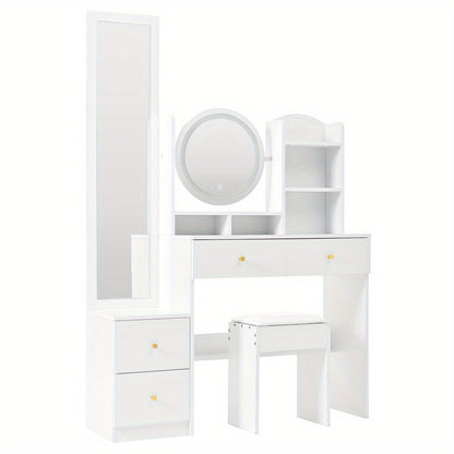 Kaptafel – Make-uptafel – Schminktisch – Dressing Table – Witte 4-in-1 Kaptafel met Spiegel en Kruk – Grote Spiegel en Ruime Opberglades – Compact en Stijlvol Design