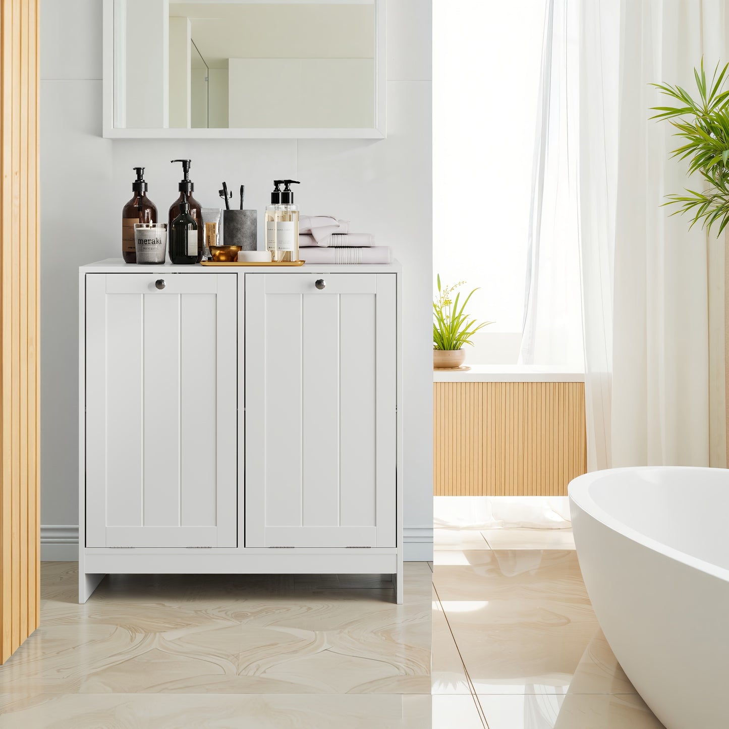 White Metal Storage Cabinet with Tilting Mechanism & Detachable Laundry Basket - Freestanding Entryway Shelf Unit Suitable for, Bedroom, Apartment - Easy Assembly, Space-Saving Modern Furniture (3.2 Cu Ft Closed Storage)