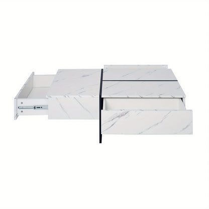High-gloss Coffee Table, White Faux Marble Structure, Black Matching Table, Living Room Furniture, 100*50*34.5 Cm