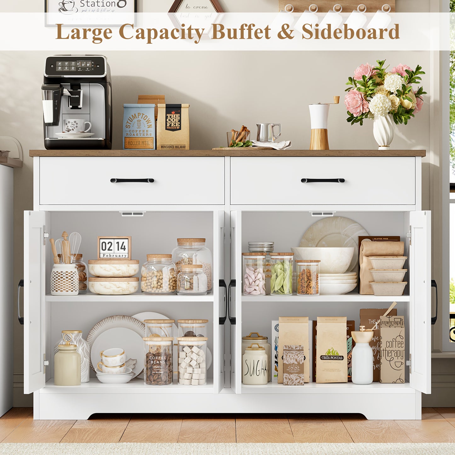 Dressoir – Sideboard – Opbergkast – Ladekast – Kast – Modern Design – 120 cm Breed – Wit Zwarte Accenten – Duurzaam Geperst Hout – 2 Lades & Deuren – Vrijstaand – 3,2+ Kubieke Voet Inhoud