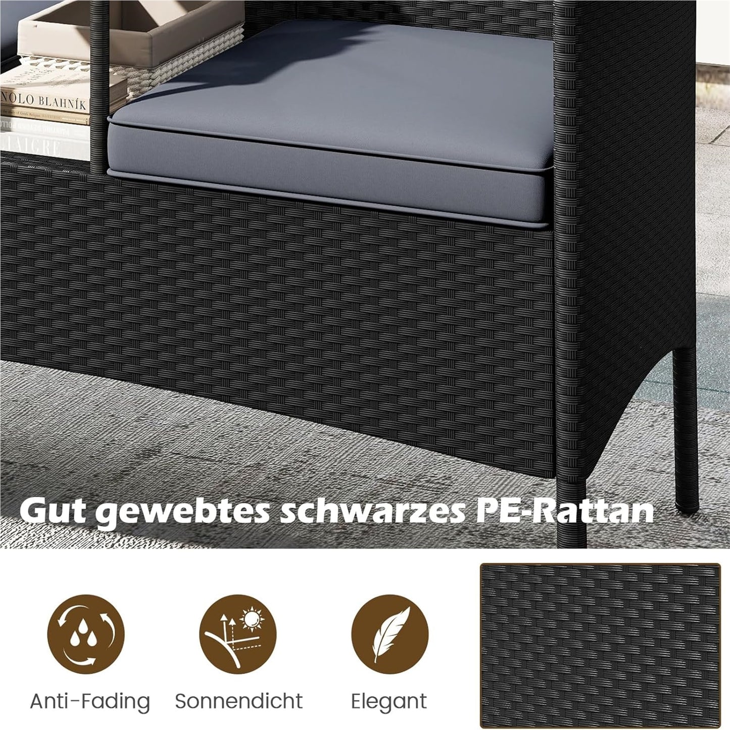 Tuinbank met Tafel – 2-Zits Loungeset – Buitenbank – Terrasmeubilair – Balkonmeubel – Weerbestendig – Met Geïntegreerde Tafel en Comfortabele Kussens – Grijs