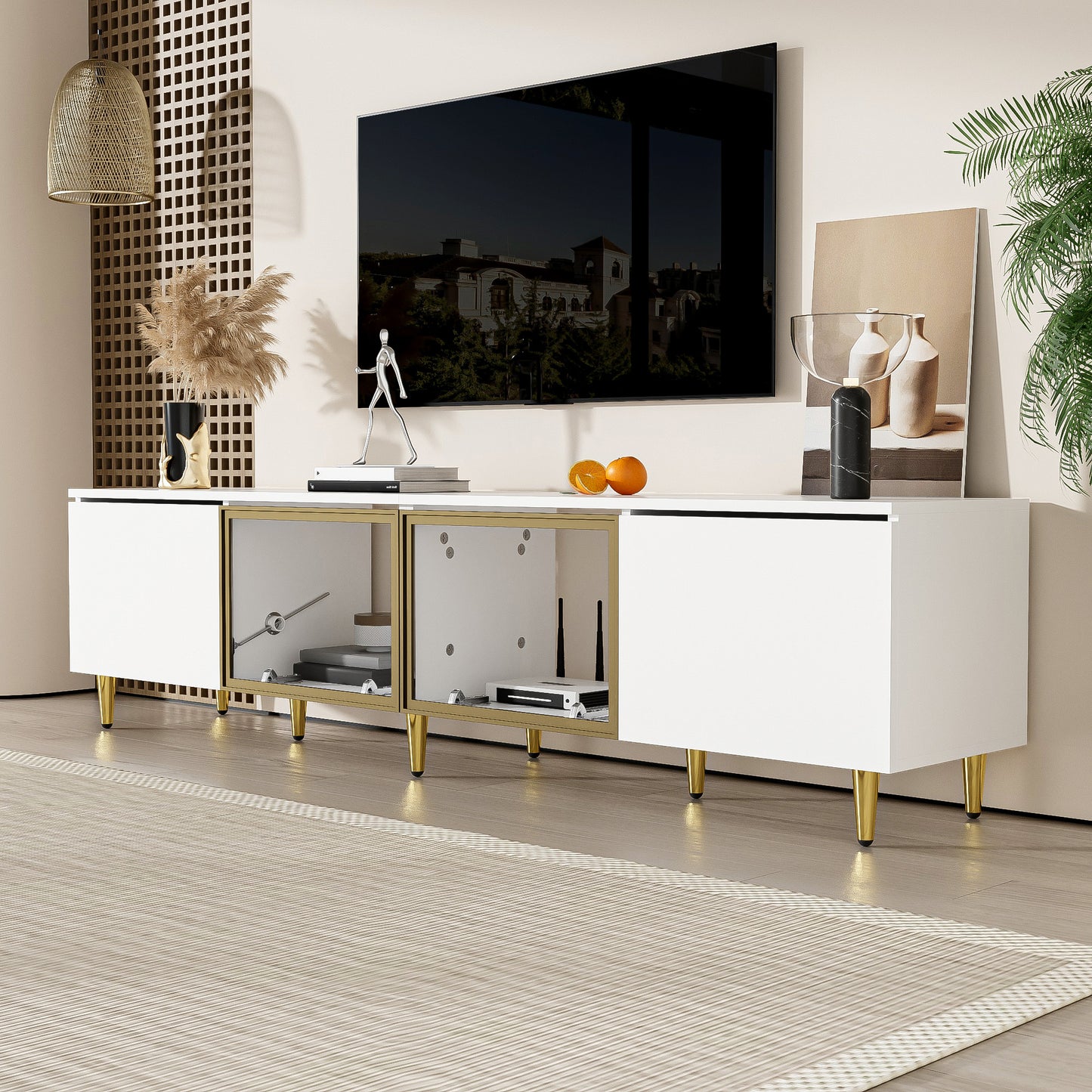 Merax 170 Cm TV Cabinet - White Minimalist Style, Floor And Wall Mounting, 4 Doors (2 Glass Doors), Versatile Mounting, Perfect for Living Room