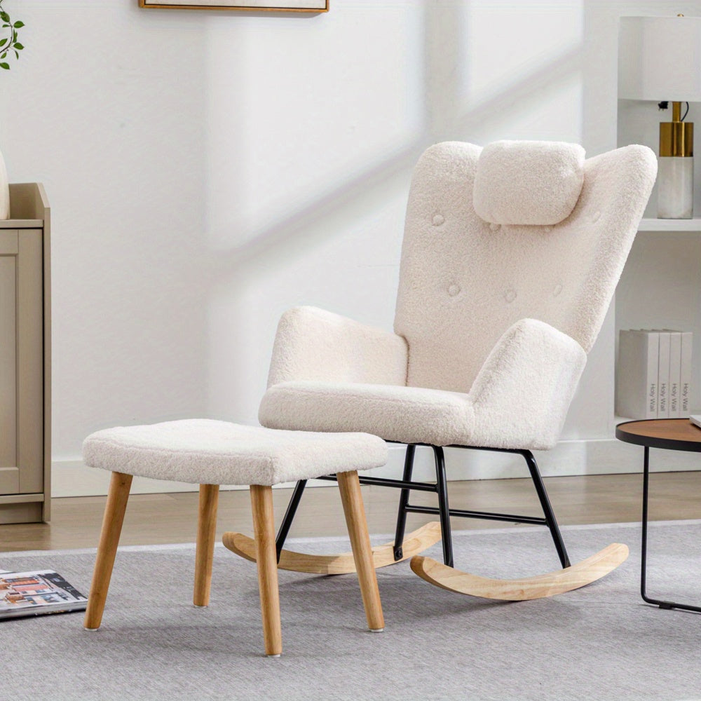 Schommelstoel – Rocking Chair – Relaxstoel – Schommelzetel – Witte Schommelstoel – Teddy Pluche Bekleding – Inclusief Hoofd- en Voetensteun