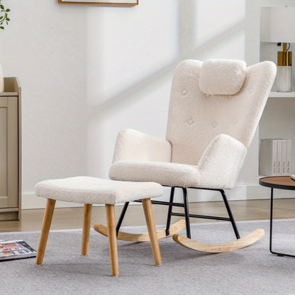 Schommelstoel – Rocking Chair – Relaxstoel – Schommelzetel – Witte Schommelstoel – Teddy Pluche Bekleding – Inclusief Hoofd- en Voetensteun
