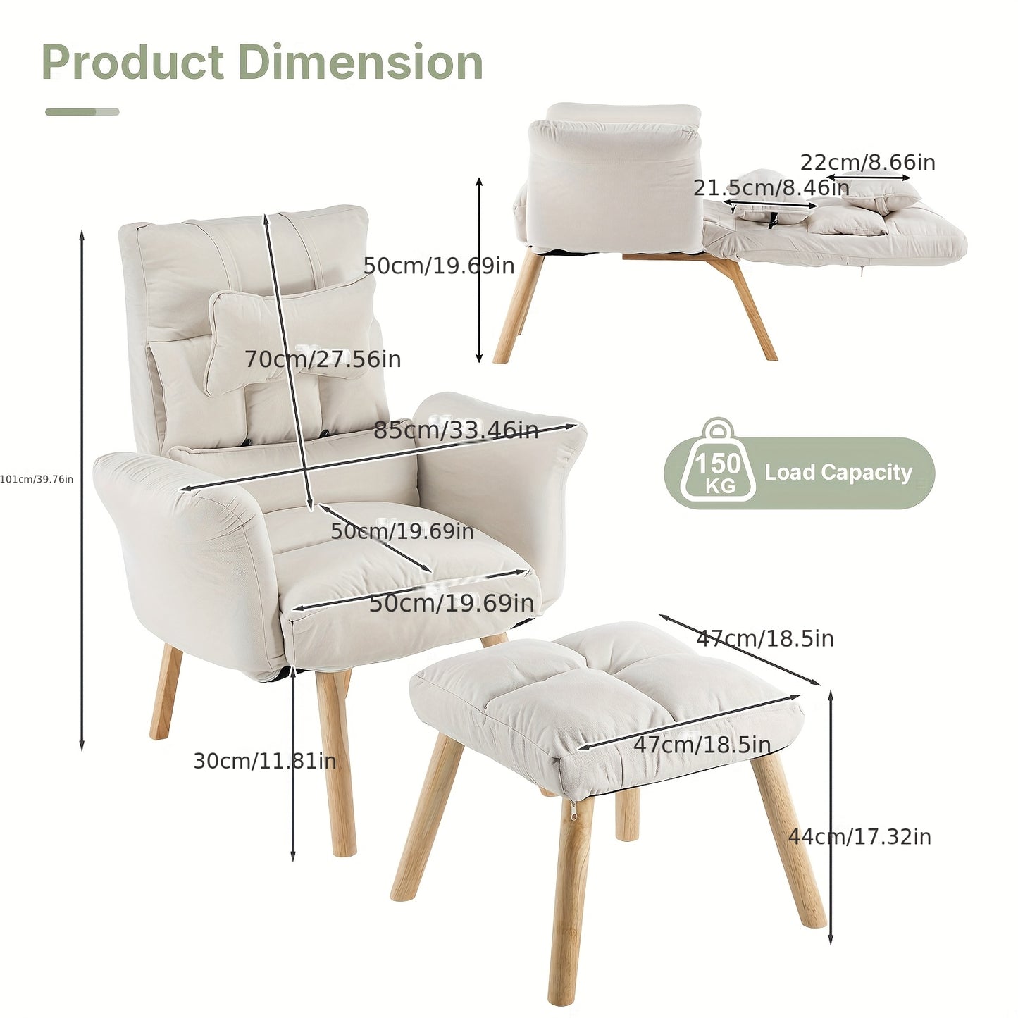 Relaxfauteuil – Verstelbare Stoel – Relaxstoel – Loungestoel – Fauteuil Met Voetenbank – 6-Stand Rugleuning – Linnen Bekleding Met Eiken Houten Frame