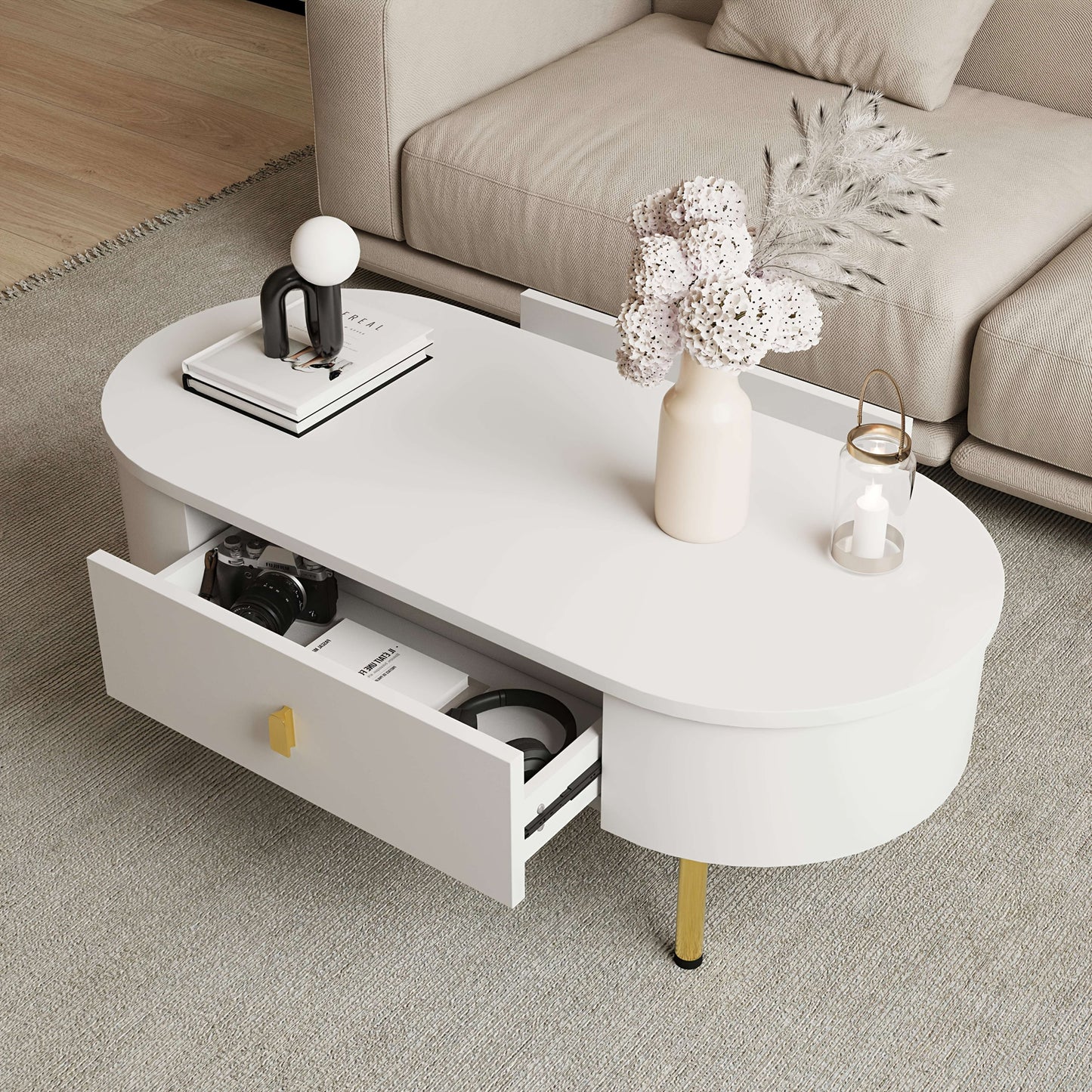 Salontafel – Woonkamertafel – Koffietafel – Bijzettafel – Tafel – Metaal – Wit – Met 2 Laden – Gouden Details