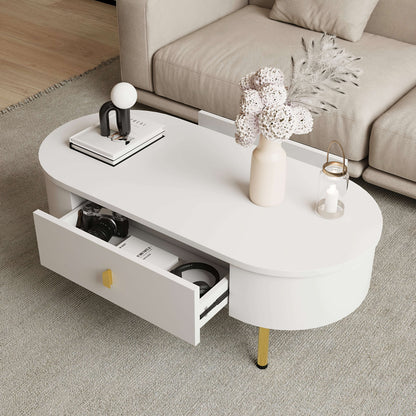 Salontafel – Woonkamertafel – Koffietafel – Bijzettafel – Tafel – Metaal – Wit – Met 2 Laden – Gouden Details