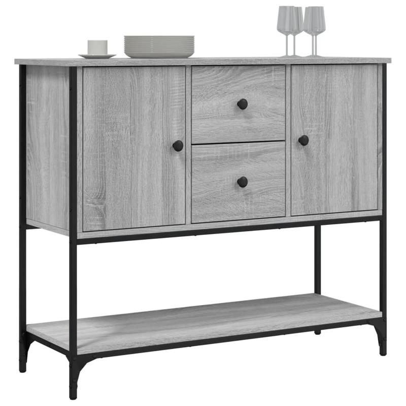 Modern Gray Hardwood Storage Cabinet with Lockable Doors & Black Legs - Freestanding Floor Cabinet with 2 Drawers & Open Shelf, Space-Saving Design for Living Room, Bedroom, Kitchen - Durable Wood Construction, Minimalist Sty