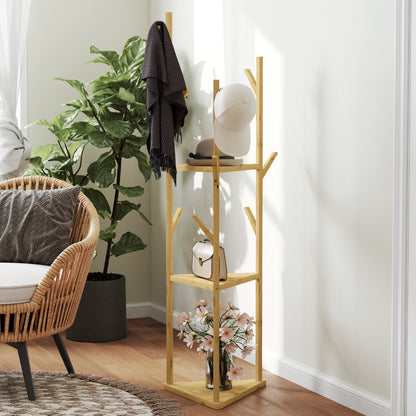 Kledingrek – Kapstok – Garderoberek – Dressboy – Kledinghouder – Natuurlijke Bamboe – 9 Haken & 3 Planken – Stevig & Ruim