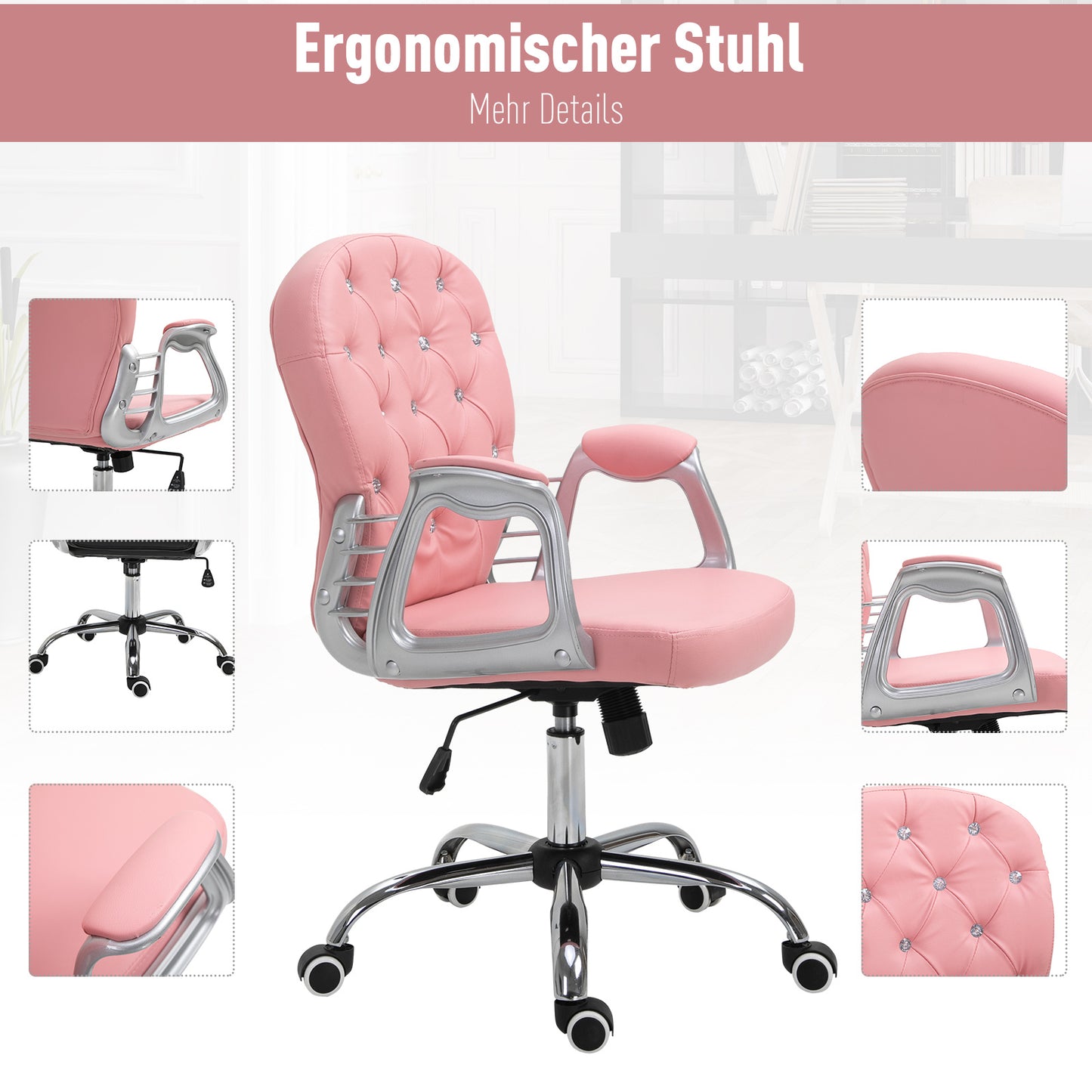 Bureaustoel – Ergonomische Stoel – Office Chair – Draaistoel – Bureau Stoel – Roze PU Bekleding – Verstelbare Hoogte 95-105 cm – Max 120 kg Belastbaar