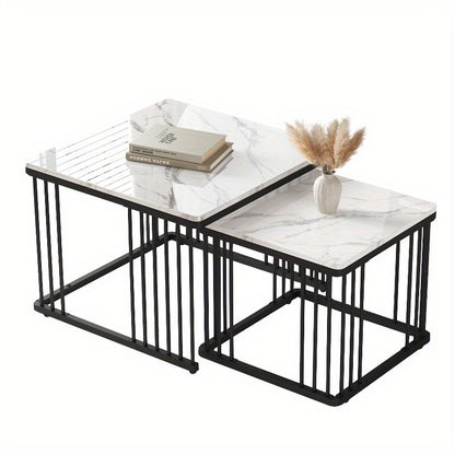 Koffietafel Set – Salontafel – Bijzettafel – Lounge Tafel – Woonkamertafel – Hoogglans Marmerlook – Verstelbare Pootjes – Metaal – 2-delig – 60x60x45 & 45x45x40 cm