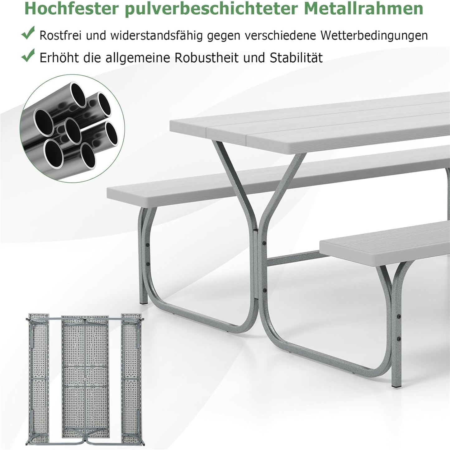 Biertafeltje – Biertafel – Bierbank – Biertafelset – Biertentset – Weerbestendig HDPE Tafelblad – Inclusief Parasolhouder – Voor 6-8 Personen – Grijs