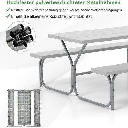 Biertafeltje – Biertafel – Bierbank – Biertafelset – Biertentset – Weerbestendig HDPE Tafelblad – Inclusief Parasolhouder – Voor 6-8 Personen – Grijs