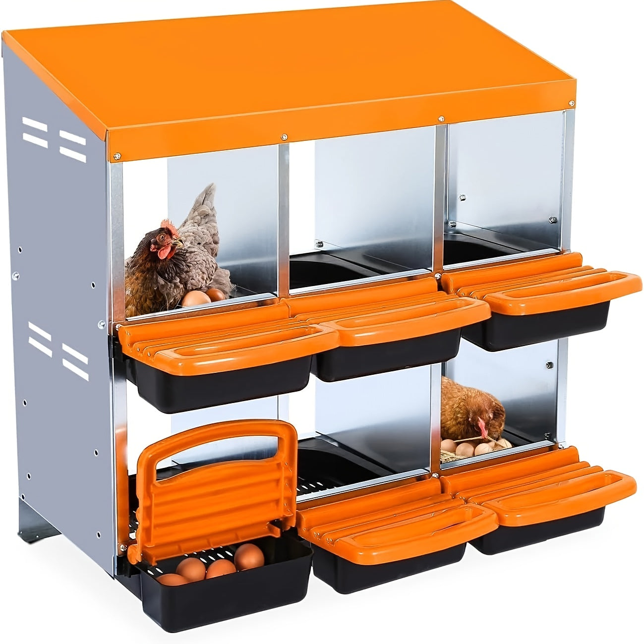 6/8/10-Hole Heavy-Duty Metal Chicken Nesting Boxes with Roll-On Egg Collection System, Ventilation Holes & Keylock Installation - All-Weather Durable Laying Boxes with Removable Trays & Egg Storage for Hens, Ducks, Geese - Ea