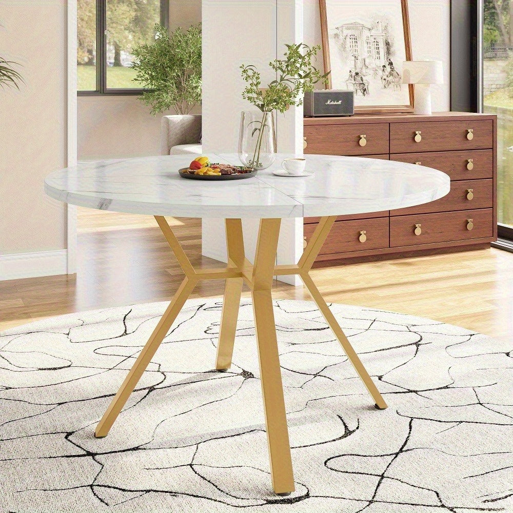 Eettafel – Dinertafel – Keukentafel – Ronde Tafel – Tafeltje – 1 Meter Diameter – Wit-Grijs Marmeren Blad – Stevige Metalen Poten