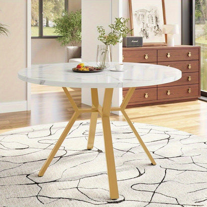 Eettafel – Dinertafel – Keukentafel – Ronde Tafel – Tafeltje – 1 Meter Diameter – Wit-Grijs Marmeren Blad – Stevige Metalen Poten