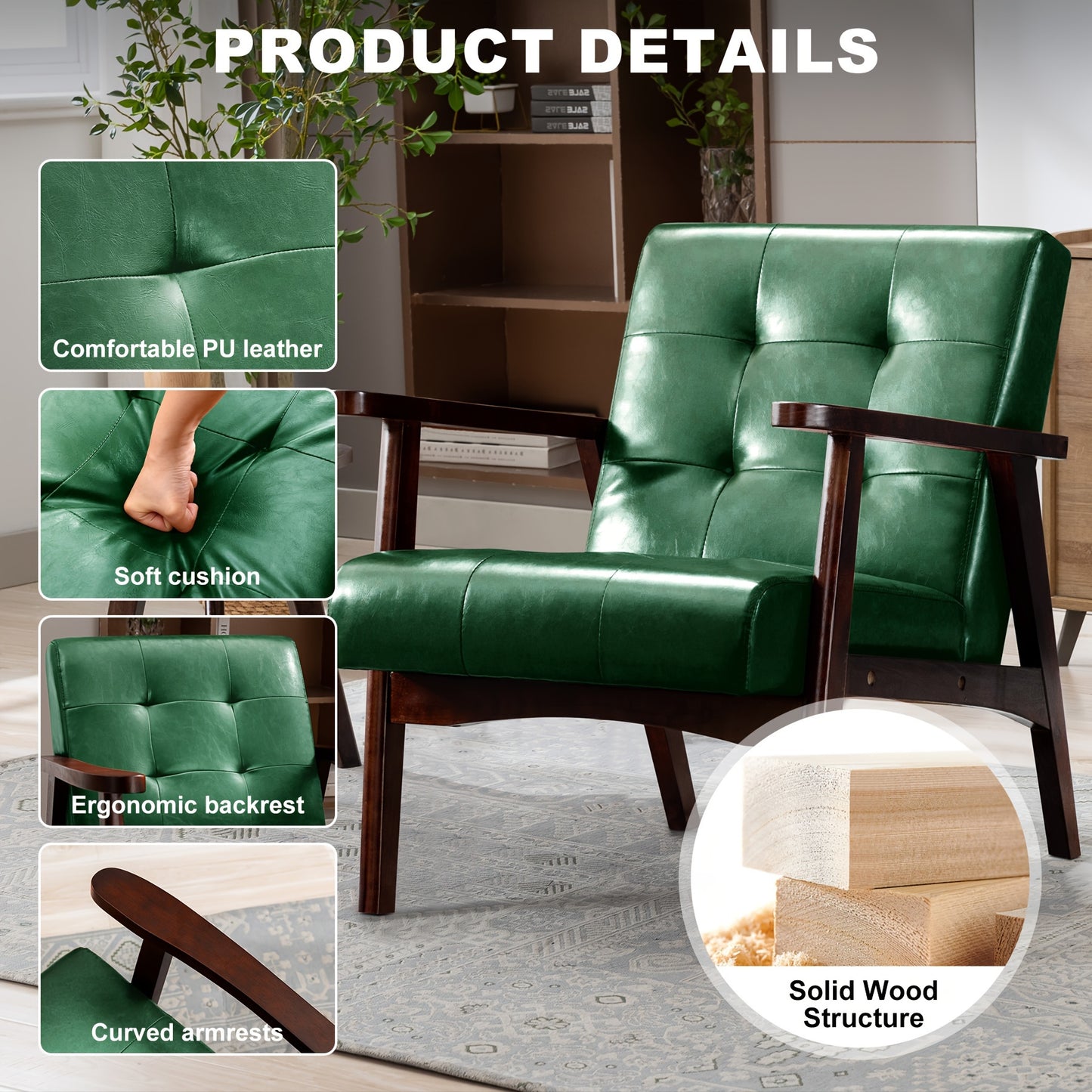 Mid-Century Modern Fauteuil – Lounge Stoel – Slaapfauteuil – Chaise Lounge – Zetel – Donkergroene PU Leder – Massief Houten Frame – Comfortabele Gewafelde Rugleuning