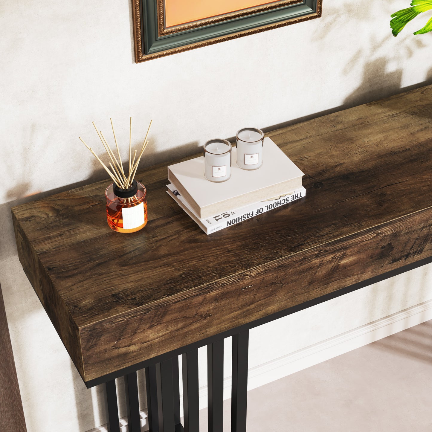 Consoletafel – Haltafel – Entreetafel – Foyertafel – Gangtafel – Modern Metaal Frame – Bruine Houtstructuur – Compact 80 cm Diameter
