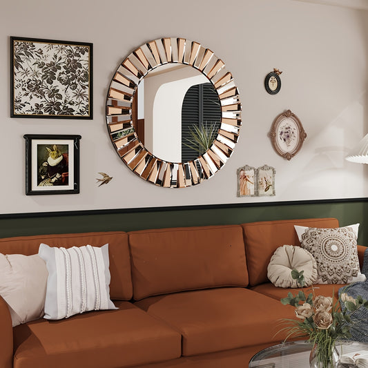Ronde Zonnestraal Spiegel – Wandspiegel – Decoratieve Spiegel – Spiegel Met Lijst – Vanity Spiegel – 80 cm Diameter – Houten Frame – Facetgeslepen Glas