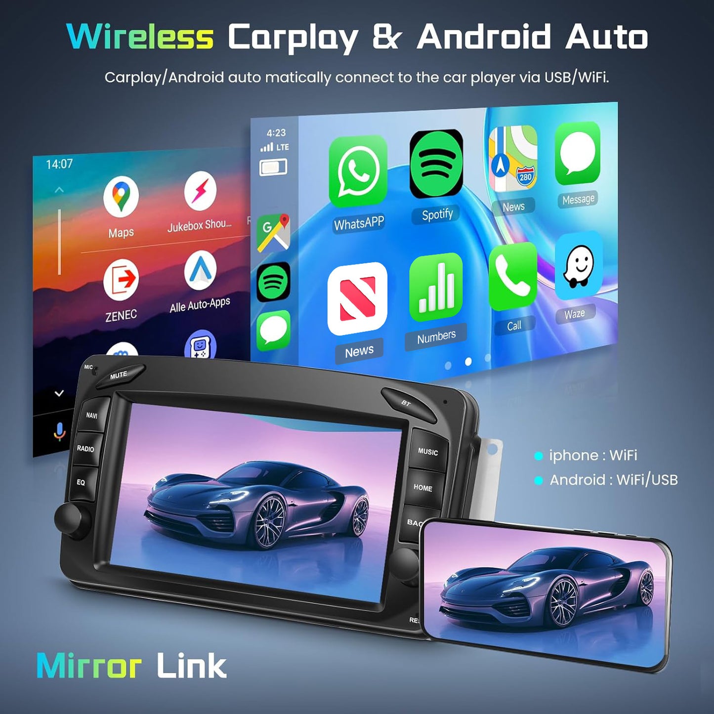 PODOFO for Android 15 Car Stereo with Wireless CarPlay & Android Auto, 7” IPS Touchscreen, 2GB/64GB, Compatible with W168/W203/CLK/C209/W209/SLK/W170/Viano/Vito/Vaneo, GPS, Wireless, WiFi, FM/RDS, Steering Wheel Control, Mi