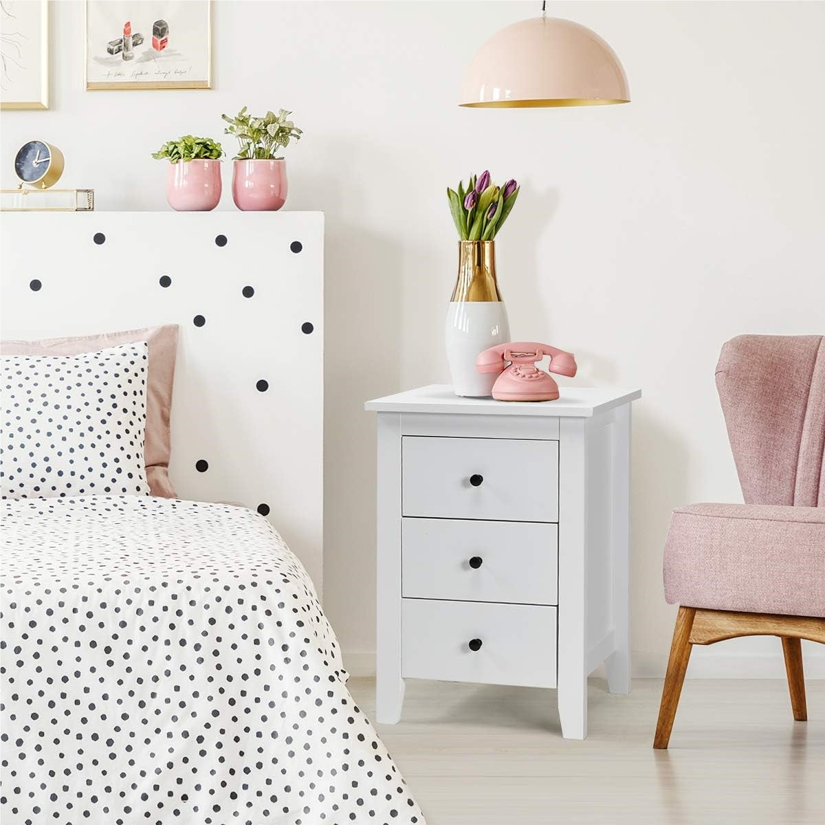 Nachtkastje – Bedtafel – Bedzijtafeltje – Nachtkast – Opbergkast – 2 stuks – 3 lades – Wit MDF – 46x37x65 cm