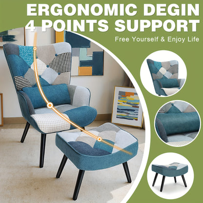 Fauteuil – Stoel – Lounge Chair – Relaxstoel – Blauw Linnen Fauteuil – Ergonomische Rugleuning – Inclusief Voetenbank