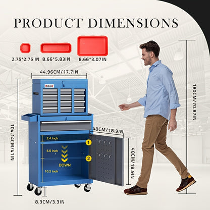Toolkast – Gereedschapskast – Werkplaatskast – Ladekast – Opbergkast – 7 Laden – Slot – Zware Kogellagers – Mobiel – Stalen Frame – Blauw-Grijs
