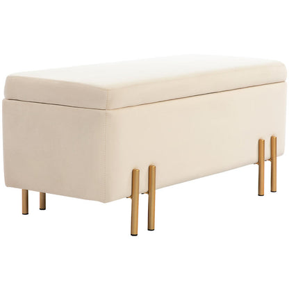 Opbergbank – Opbergbank – Zitbank – Opberghocker – Opbergmeubel – Beige Fluwelen Bekleding – Gouden Metalen Frame