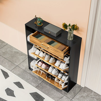 Schoenenkastje – Schoenenrek – Schoenenopberger – Schoenenkast – Schoenentoren – Houten Kast – Mat Zwart – 12-15 Paar Schoenen – Verstelbare Vakindeling