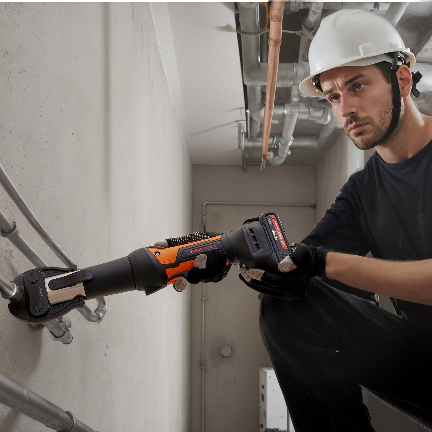 Elektrisch Persgereedschap – Persmachine – Krimptang – Buizenpers – Lithium Perskit – 360° Draaibare Perskop – Snelle Krimpcyclus 2-4s – Oranje/Zwart