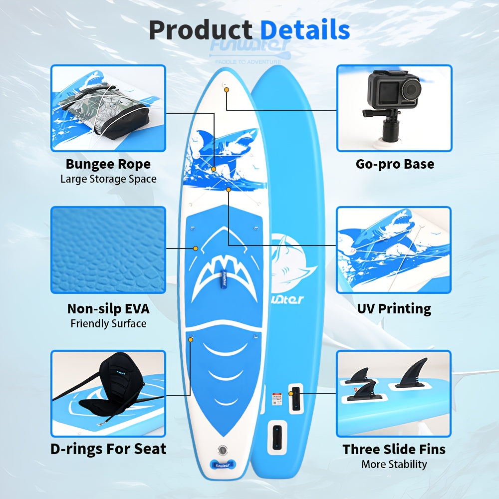Opblaasbaar SUP Board – Paddleboard – Stand Up Paddleboard – Inflatable Board – SUP Surfboard – 350x84x15 cm – Hoogwaardig PVC – Blauw-Wit Haai Design