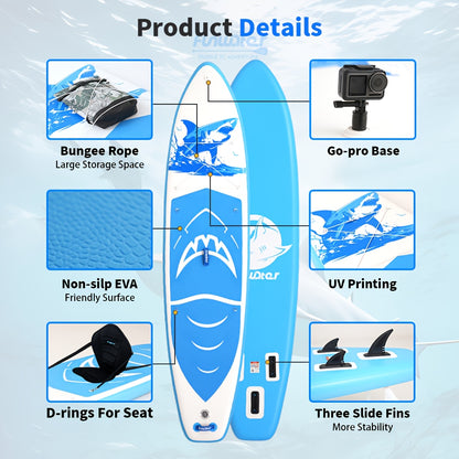 Opblaasbaar SUP Board – Paddleboard – Stand Up Paddleboard – Inflatable Board – SUP Surfboard – 350x84x15 cm – Hoogwaardig PVC – Blauw-Wit Haai Design