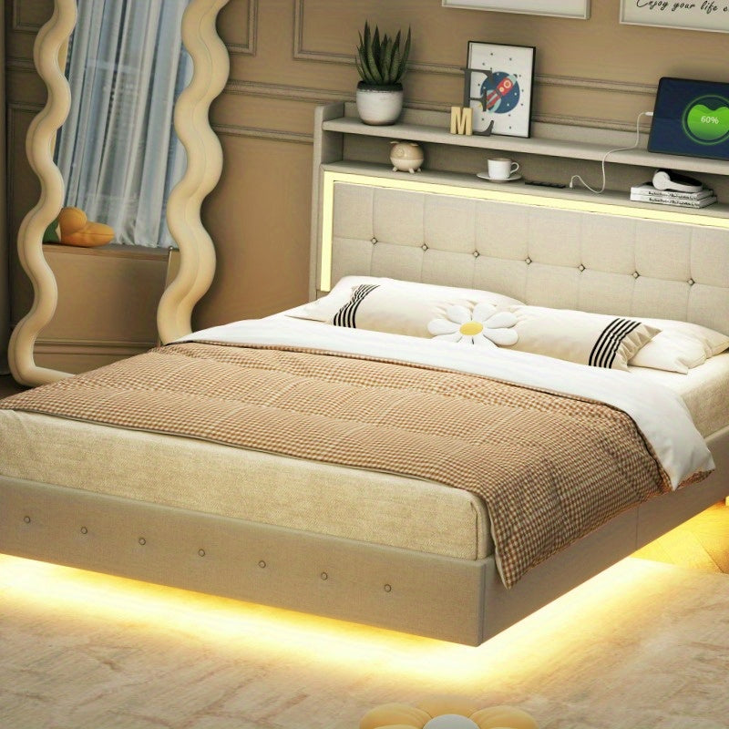 Bed – Eenpersoonsbed – Tweepersoonsbed – Boxspring – Opbergbed – 140x200 cm – Linnen Bekleding – Verborgen Onderstel