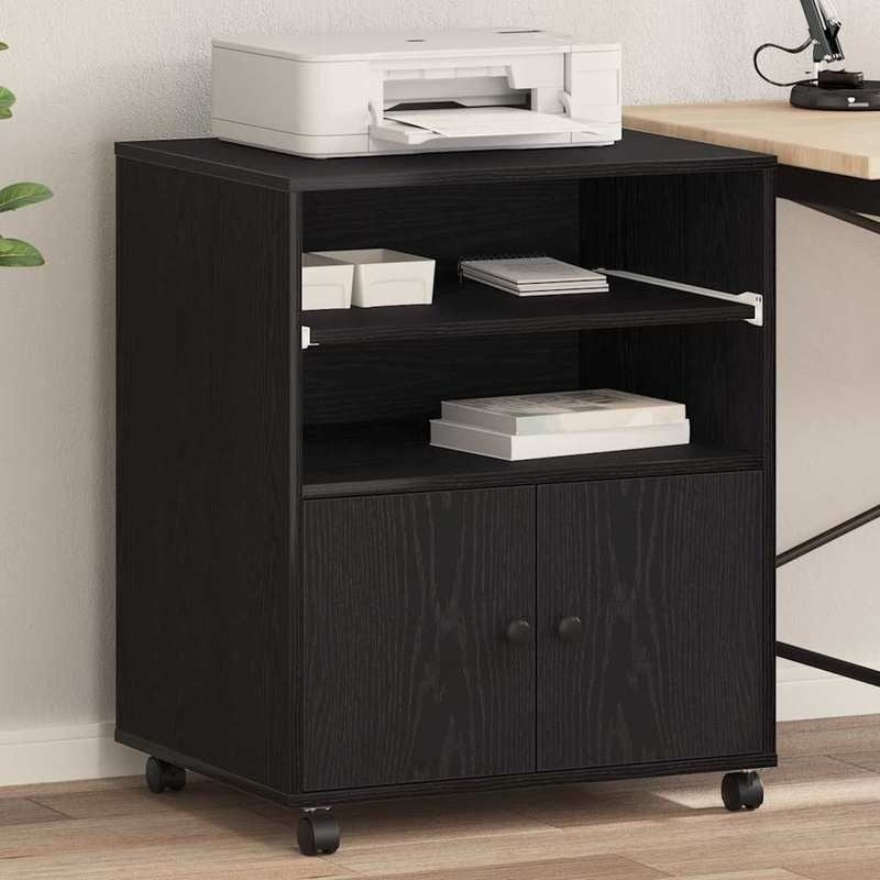 Black Oak Printer Stand Heavy-Duty Wood, Space-Saving Multi-Shelf Printer Cabinet with Sturdy Legs & White Pads - Portable Desktop Organizer for /Office, Printer, Scanner, Copier (60x48x74cm, Easy Assembly