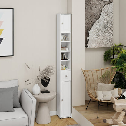 Badkamerkast – Medicijnkast – Kolomkast – Opbergkast – Wastafelonderkast – Hoog en Slank – 180 cm – 2 Deuren, 1 Lade, 4 Verstelbare Planken – Vrijstaand – Wit
