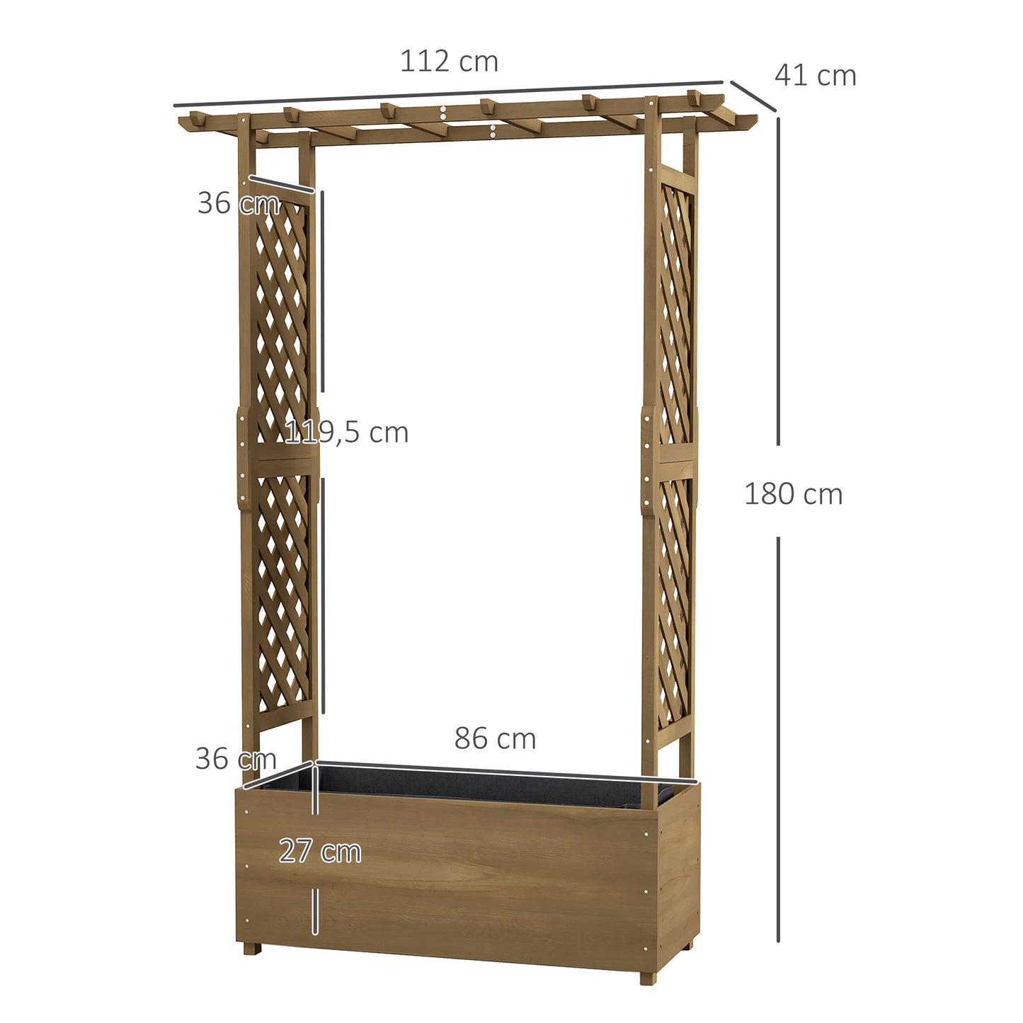 Plantenbak – Bloembak – Bloempot – Kweekbak – Tuinbak – Houten plantenbak op poten met boog en trellis – Groot formaat 112x41x180 cm – Voorbehandeld vurenhout met optimale waterafvoer