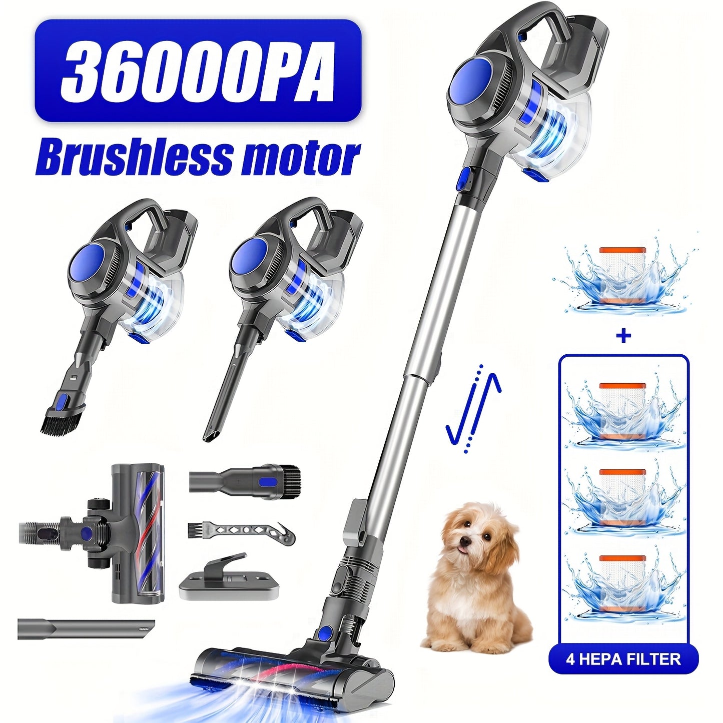 Cordless Vacuum Cleaner 42000pa- Versatile 8-in-1 Upright Vacuum Cleaner- Brushless Motor - 55 Minute Auto Run - Removable Battery.