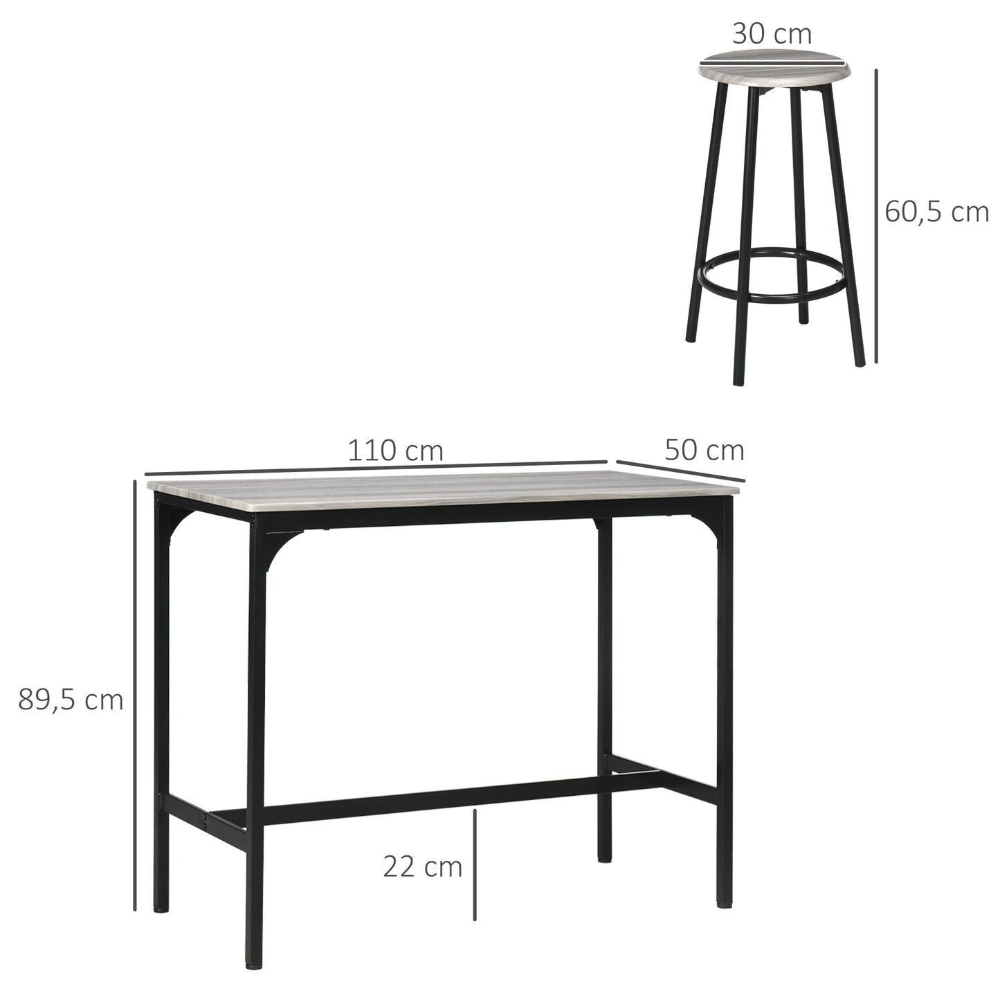 Bartafelset – Barkrukken Set – Bistro Tafel – Hoge Eettafel – Keukentafel – Industrieel Design – Metaal Met Houtlook – 110x50x89,5 cm