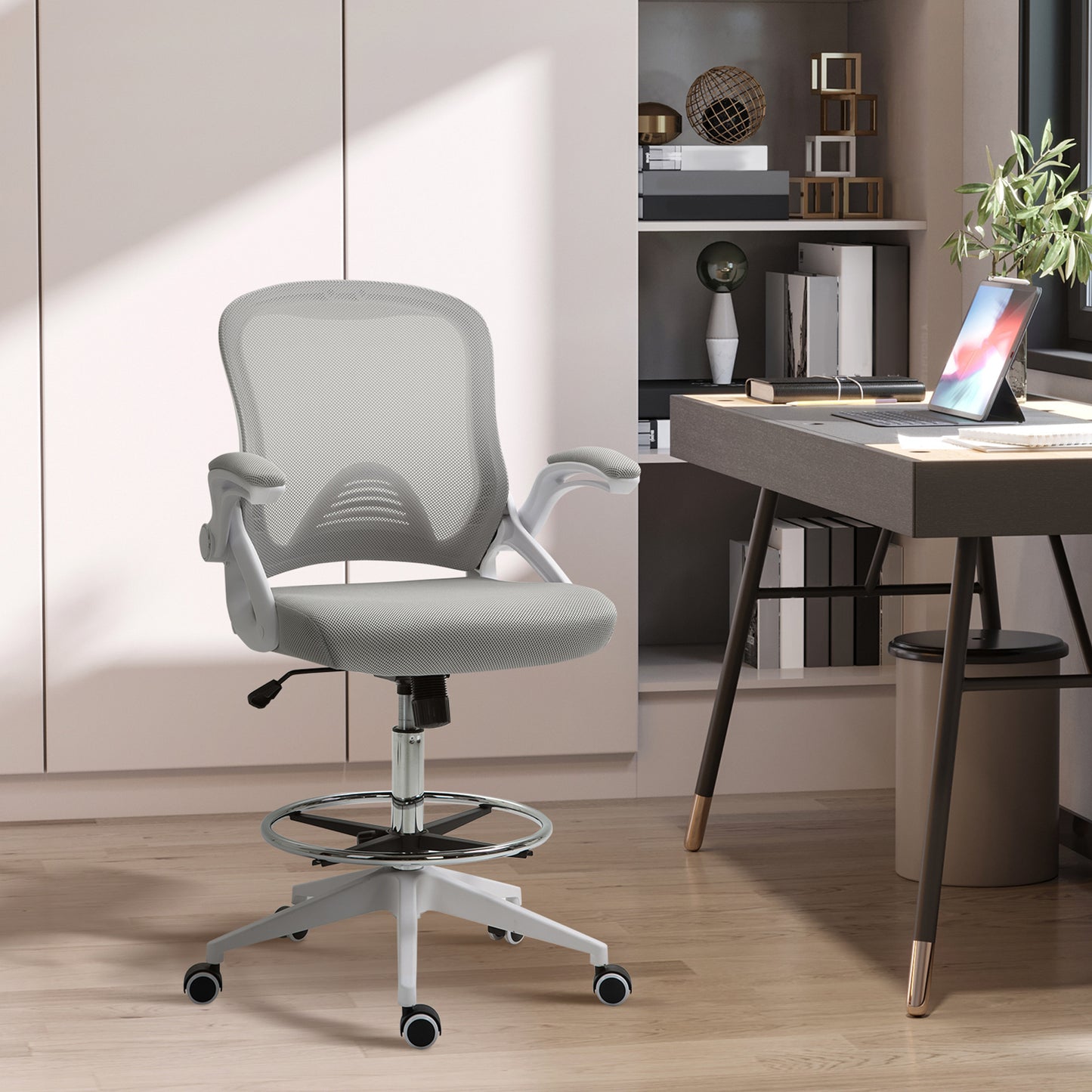 Bureaustoel – Office Chair – Werkstoel – Draaistoel – Bureaustoel Met Wieltjes – Verstelbare Hoogte – Ademend Mesh Grijs-Wit