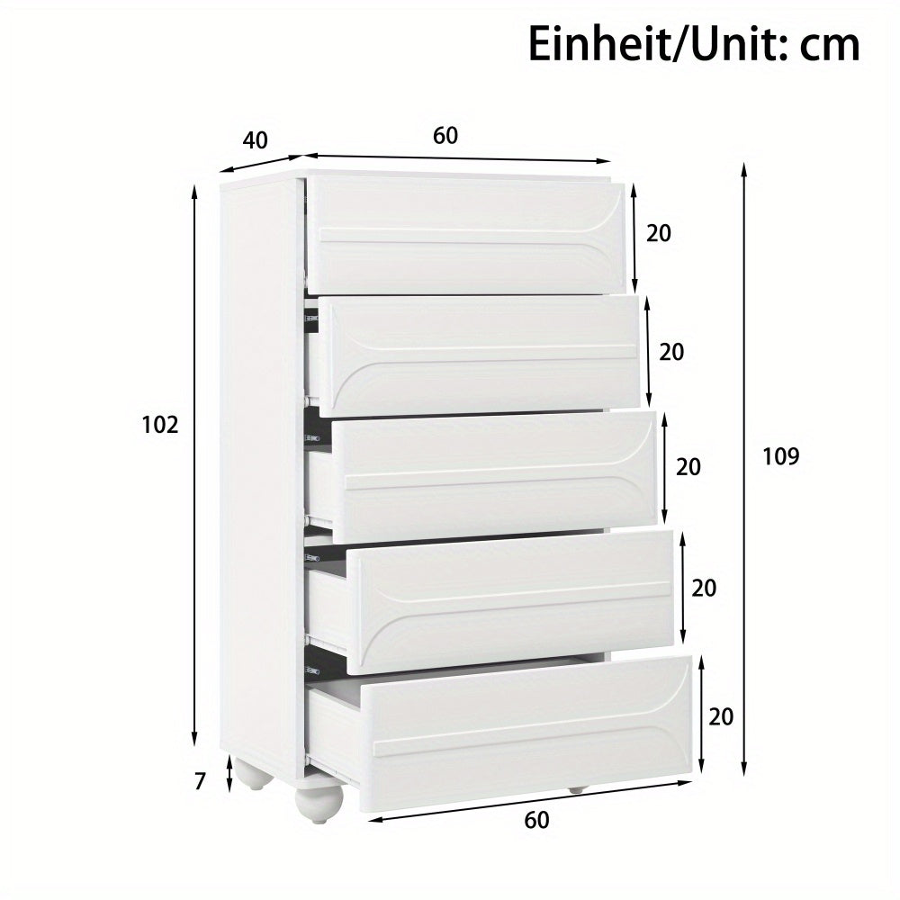 Ladenkast – Ladekast – Commode – Opbergkast – Metalen Kast – Wit – 5 Lades – Modern Relieff Design – Vrijstaand – Afgeronde Hoeken