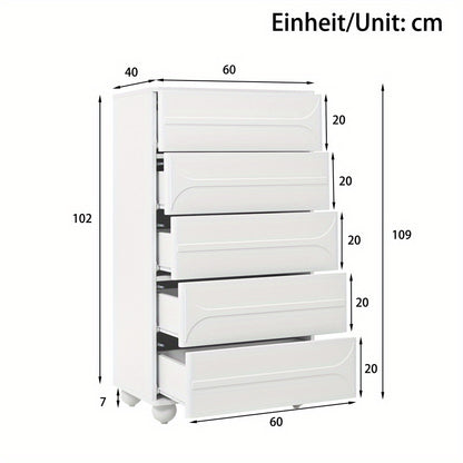 Ladenkast – Ladekast – Commode – Opbergkast – Metalen Kast – Wit – 5 Lades – Modern Relieff Design – Vrijstaand – Afgeronde Hoeken