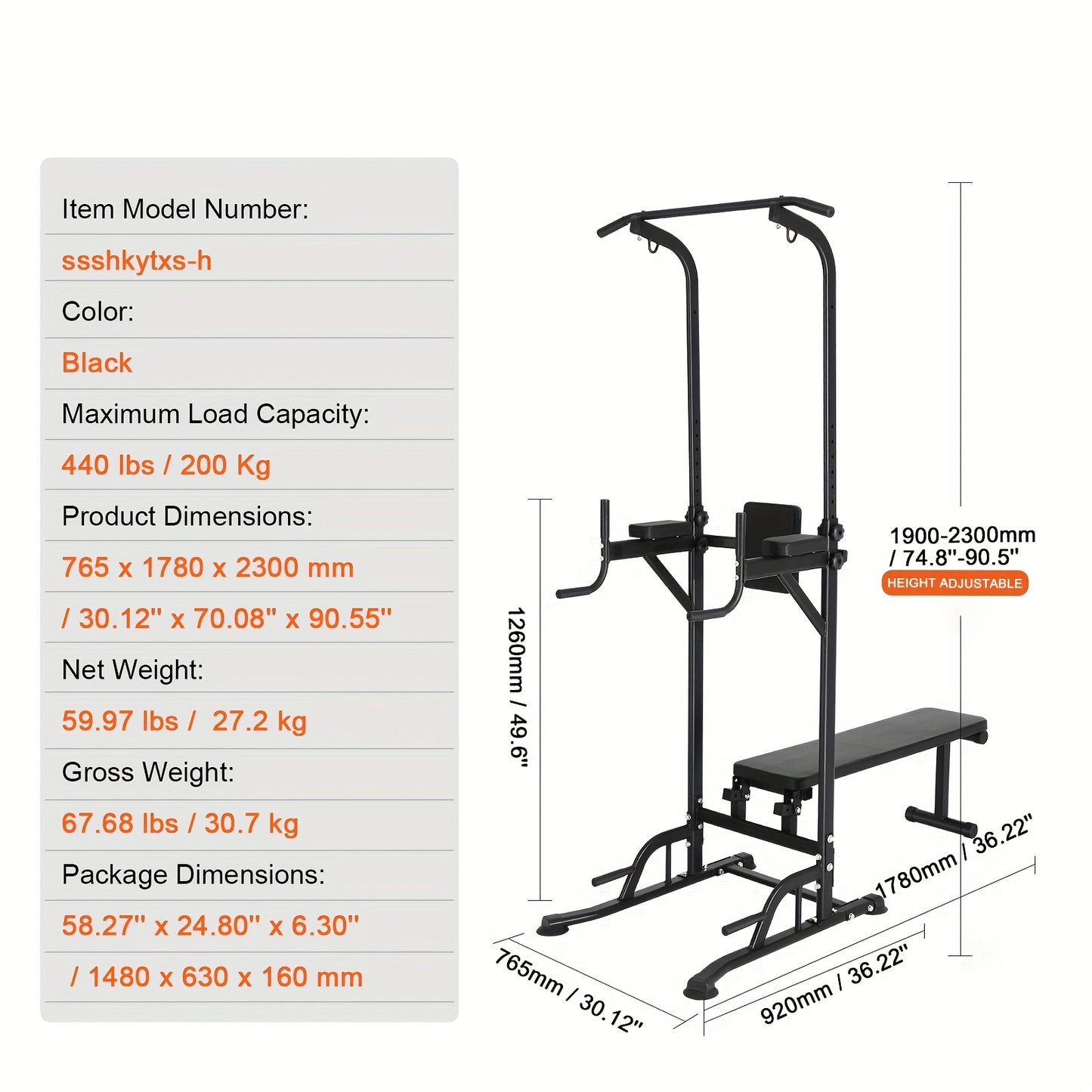 Power Tower – Thuisfitnessapparaat – Krachttrainer – Fitnessstation – Workoutstation – Verstelbare Pull-Up Bar – Maximaal 200 Kg Belastbaar
