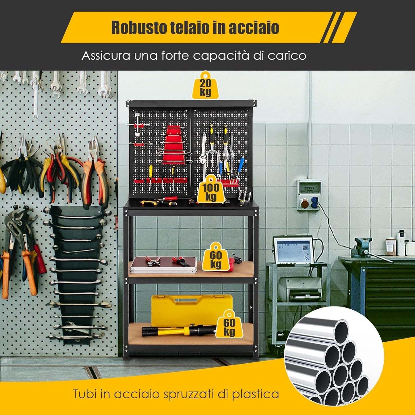 1pc POWERSTONE Heavy-Duty Workbench with 3 Shelves and 13 Hanging Accessories - Multipurpose Metal Utility Table for Garage, Home, Warehouse - Durable Hardwood and MDF Construction, Black