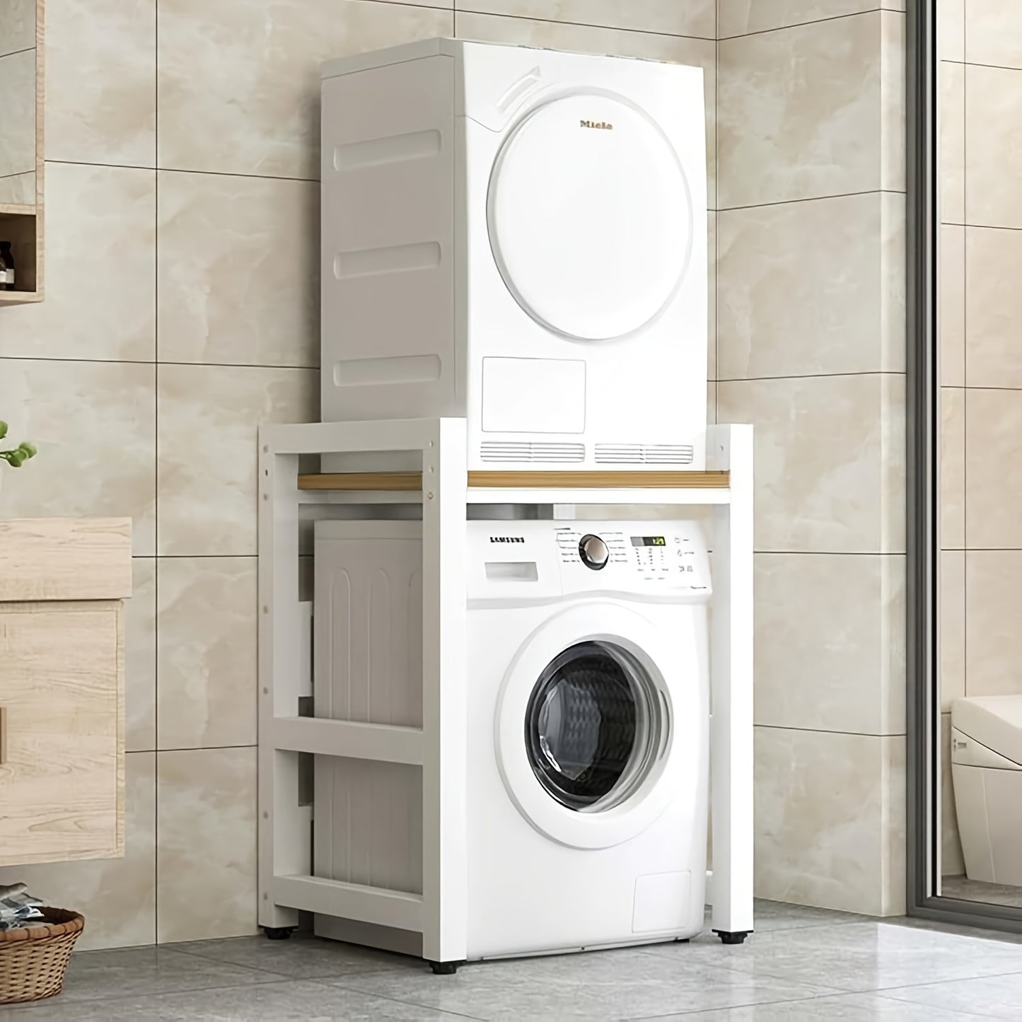 Wasmachinekast – Wasmachine Meubel – Drogerkast – Opbergkast – Wasmachine Ombouw – Gietijzer Teak Kleur – 3 Verstelbare Planken – Vloerbevestiging Voor Stabiliteit