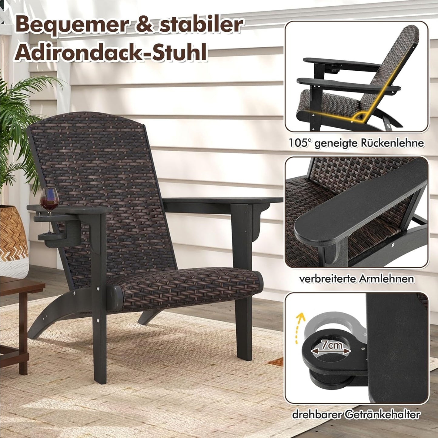Adirondack Tuinstoel – Tuinstoel – Buitenstoel – Balkonstoel – Loungestoel – HDPE Frame – Comfortabel Gevuld Rattan