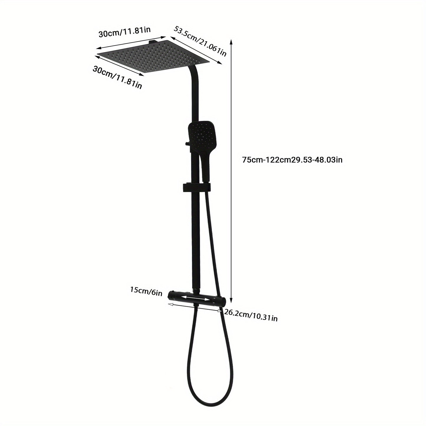 TOOL1SHOOO Black Shower System 3-Mode Handheld Shower Head 360° Rotatable Overhead Shower Head Thermostatic Control Adjustable Track Height Spring Hose 149.35 cm Modern Bathroom